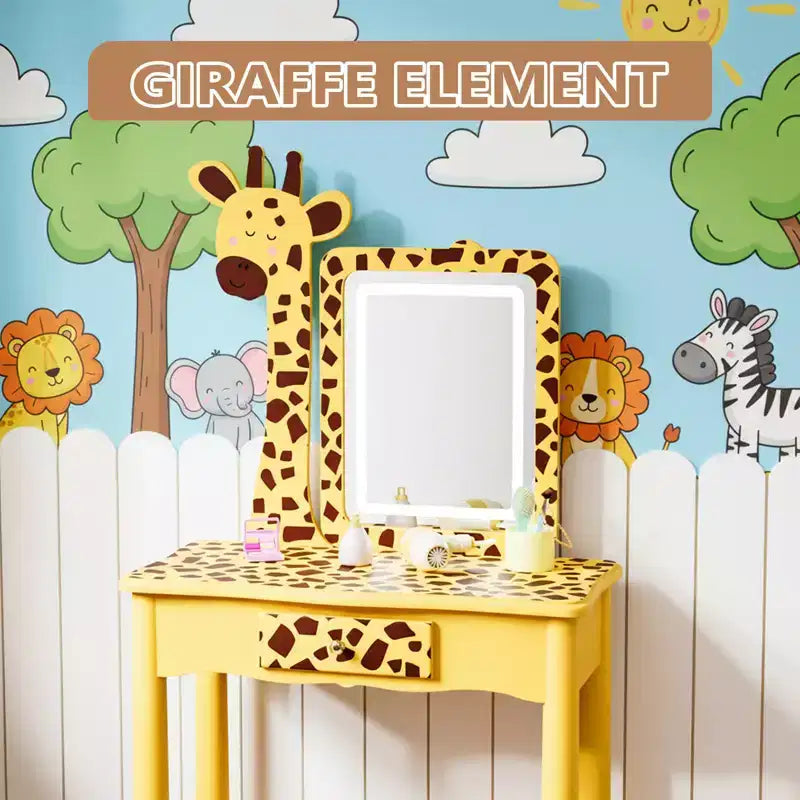 JOYMOR Coiffeuse et chaise pour enfants avec lumières et pieds en bois, coiffeuse de maquillage lumineuse à LED pour filles, motif girafe
