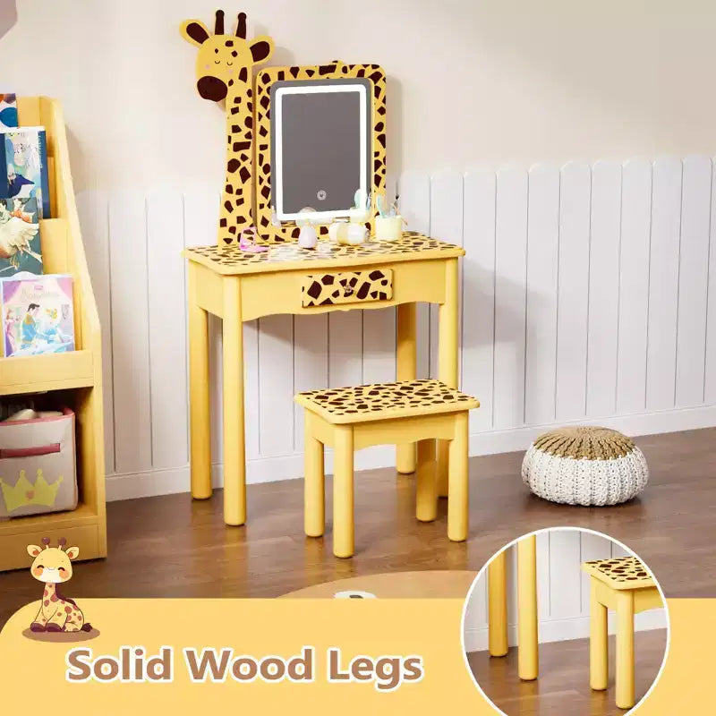 JOYMOR Coiffeuse et chaise pour enfants avec lumières et pieds en bois, coiffeuse de maquillage lumineuse à LED pour filles, motif girafe