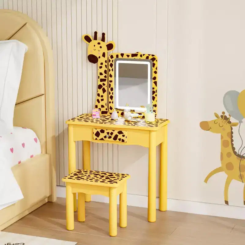 JOYMOR Coiffeuse et chaise pour enfants avec lumières et pieds en bois, coiffeuse de maquillage lumineuse à LED pour filles, motif girafe