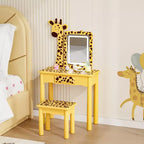 JOYMOR Coiffeuse et chaise pour enfants avec lumières et pieds en bois, coiffeuse de maquillage lumineuse à LED pour filles, motif girafe