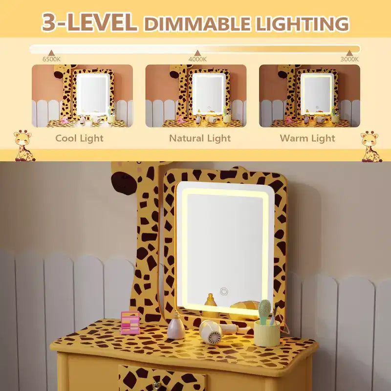 JOYMOR Coiffeuse et chaise pour enfants avec lumières et pieds en bois, coiffeuse de maquillage lumineuse à LED pour filles, motif girafe