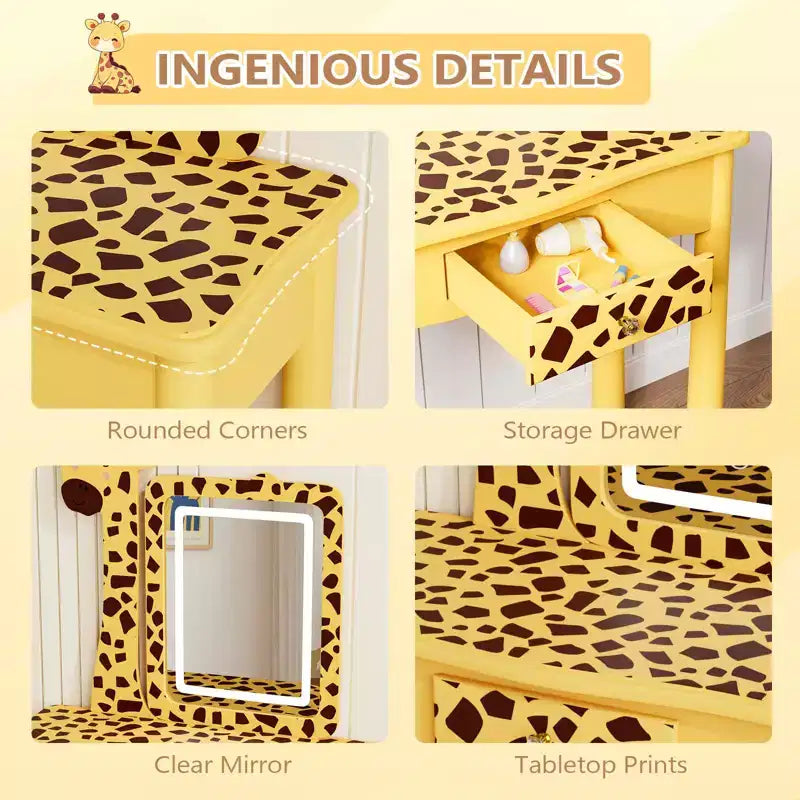 JOYMOR Coiffeuse et chaise pour enfants avec lumières et pieds en bois, coiffeuse de maquillage lumineuse à LED pour filles, motif girafe