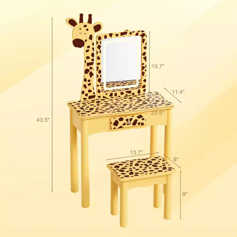 JOYMOR Coiffeuse et chaise pour enfants avec lumières et pieds en bois, coiffeuse de maquillage lumineuse à LED pour filles, motif girafe