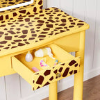 JOYMOR Coiffeuse et chaise pour enfants avec lumières et pieds en bois, coiffeuse de maquillage lumineuse à LED pour filles, motif girafe