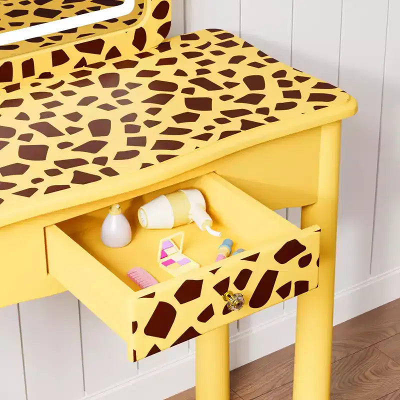 JOYMOR Coiffeuse et chaise pour enfants avec lumières et pieds en bois, coiffeuse de maquillage lumineuse à LED pour filles, motif girafe