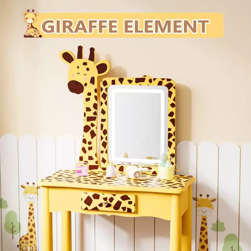 JOYMOR Coiffeuse et chaise pour enfants avec lumières et pieds en bois, coiffeuse de maquillage lumineuse à LED pour filles, motif girafe