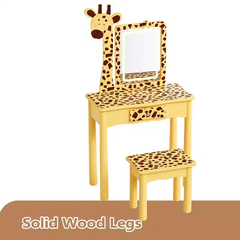 JOYMOR Coiffeuse et chaise pour enfants avec lumières et pieds en bois, coiffeuse de maquillage lumineuse à LED pour filles, motif girafe