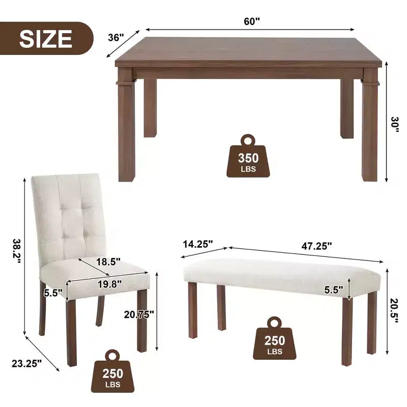 MAYEERTY Ensemble de salle à manger moderne 6 pièces, table rectangulaire, 4 chaises et un banc