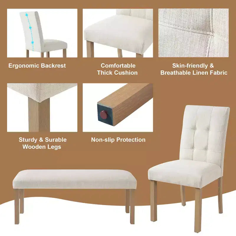MAYEERTY Ensemble de salle à manger moderne 6 pièces, table rectangulaire, 4 chaises et un banc