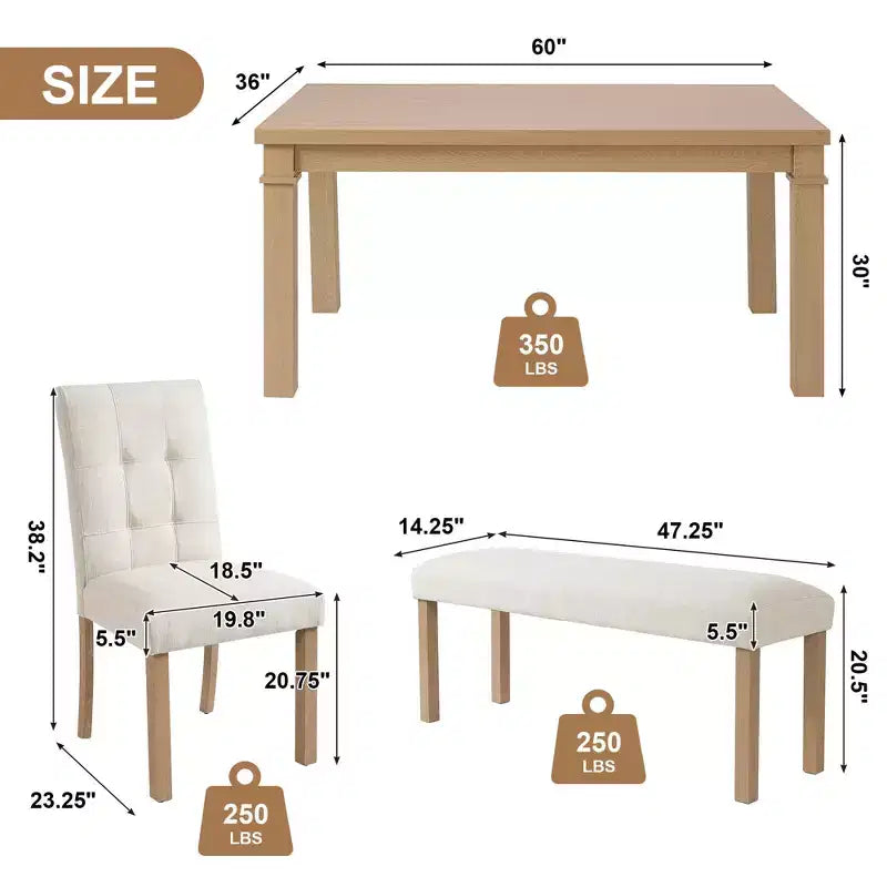 MAYEERTY Ensemble de salle à manger moderne 6 pièces, table rectangulaire, 4 chaises et un banc