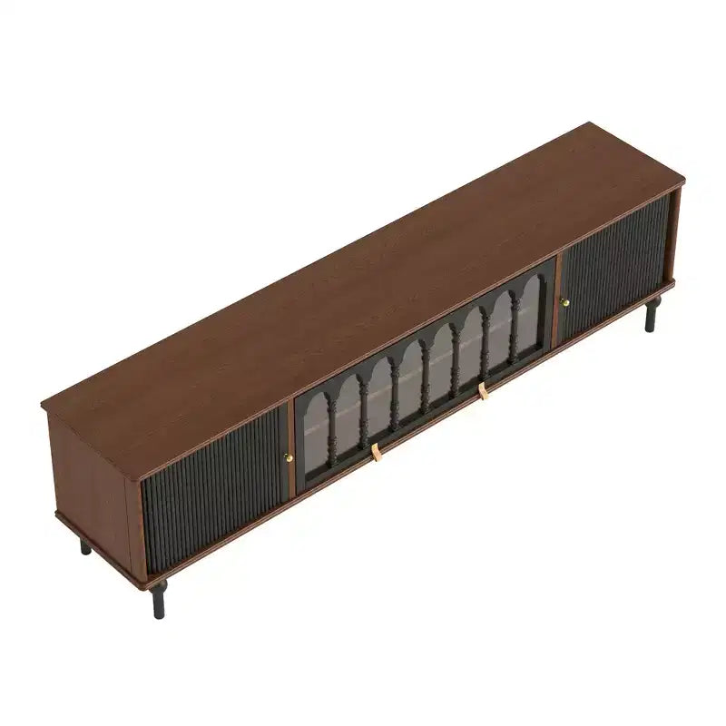Meuble TV moderne du milieu du siècle Luck Live de 78,74 po avec portes coulissantes, panneaux en verre arqué, poignées en métal, pieds en bois massif et gestion des câbles