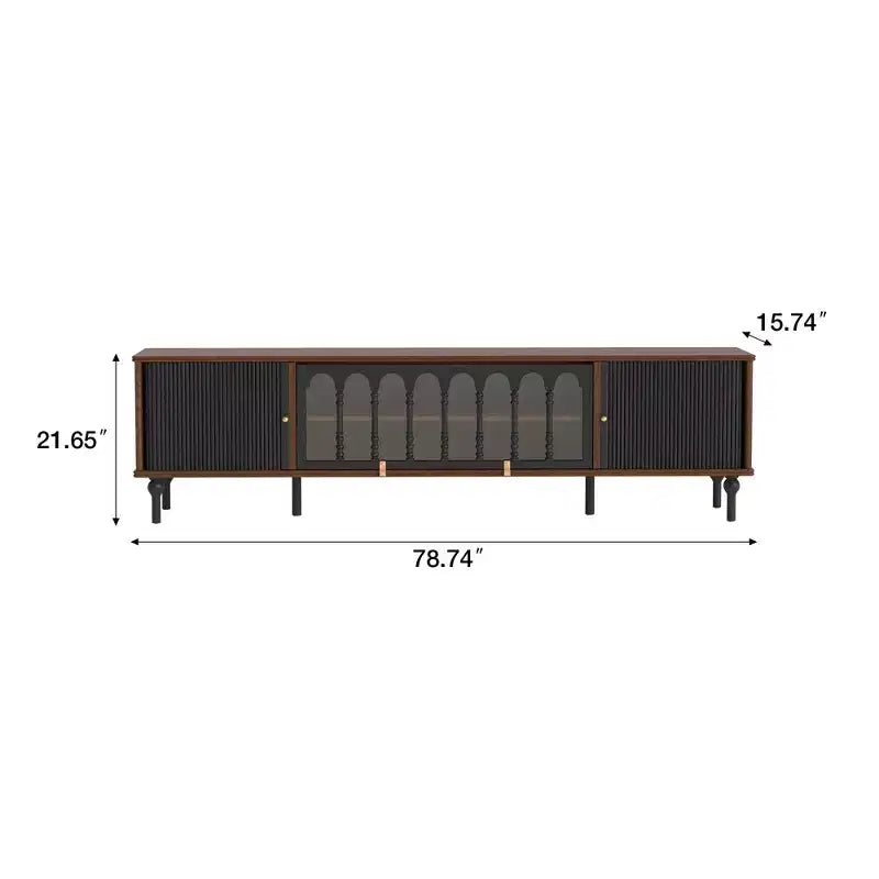 Meuble TV moderne du milieu du siècle Luck Live de 78,74 po avec portes coulissantes, panneaux en verre arqué, poignées en métal, pieds en bois massif et gestion des câbles