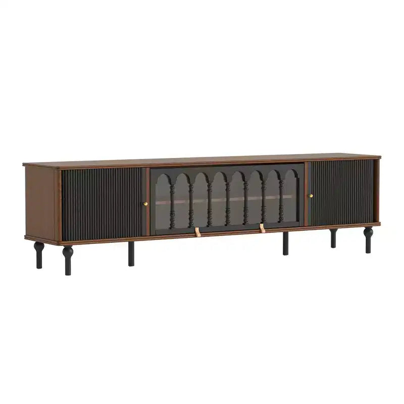 Meuble TV moderne du milieu du siècle Luck Live de 78,74 po avec portes coulissantes, panneaux en verre arqué, poignées en métal, pieds en bois massif et gestion des câbles
