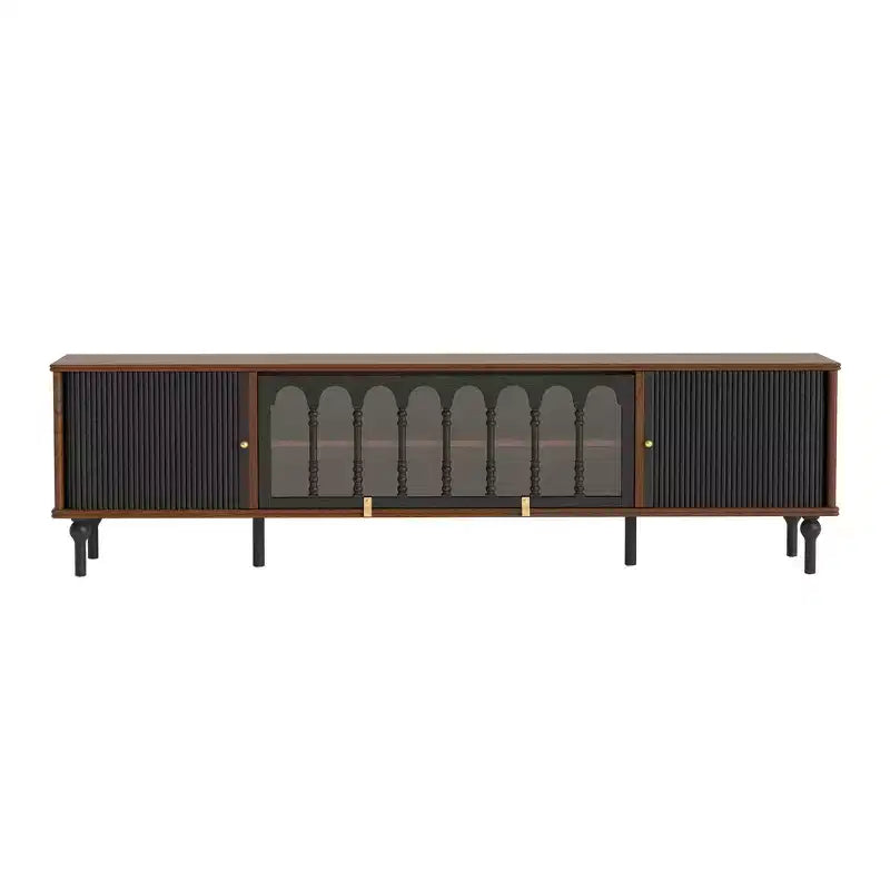 Meuble TV moderne du milieu du siècle Luck Live de 78,74 po avec portes coulissantes, panneaux en verre arqué, poignées en métal, pieds en bois massif et gestion des câbles