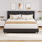 King Size Bed Frame with Upholstered Headboard and Wooden Slats Support, Upholstered Mattress Foundation/No Box Spring Needed/Easy Assembly, Grey