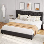 Cadre de lit King Size avec tête de lit capitonnée et support à lattes en bois, base de matelas rembourrée/sommier tapissier non requis/montage facile, gris