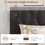 Cadre de lit King Size avec tête de lit capitonnée et support à lattes en bois, base de matelas rembourrée/sommier tapissier non requis/montage facile, gris