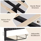 Cadre de lit King Size avec tête de lit capitonnée et support à lattes en bois, base de matelas rembourrée/sommier tapissier non requis/montage facile, gris