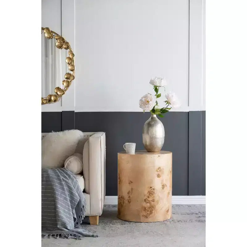 Table d'appoint cylindrique en loupe de noyer marron 20x20x24