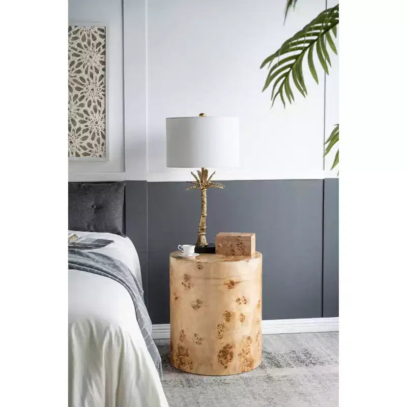 Table d'appoint cylindrique en loupe de noyer marron 20x20x24