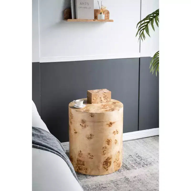 Table d'appoint cylindrique en loupe de noyer marron 20x20x24