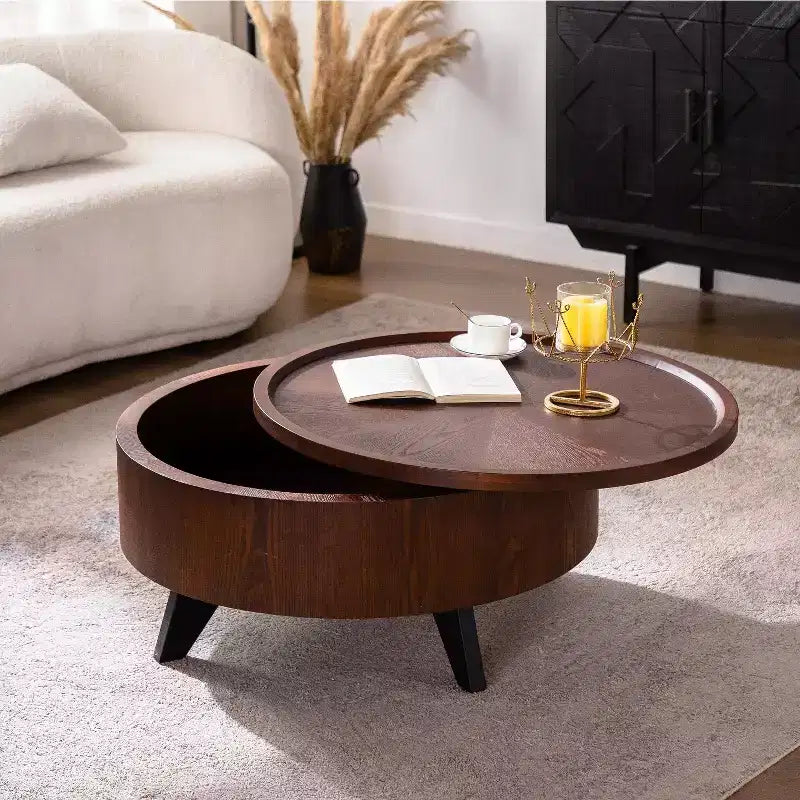 Table basse ronde de 31 pouces avec couvercle amovible, table d'appoint de style Mid-Century pour salon, espace de rangement caché