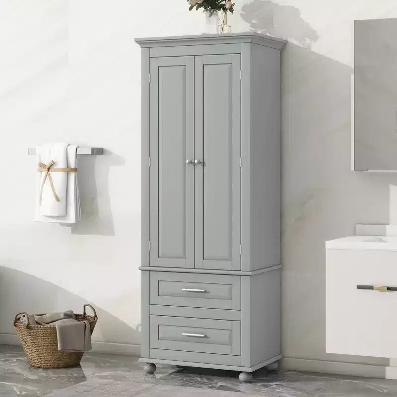 Meuble de Rangement de Salle de Bain Autoportant Moderne en Bois GDFStudio Norton avec Deux Tiroirs, Étagère Réglable et Armoire Fermée