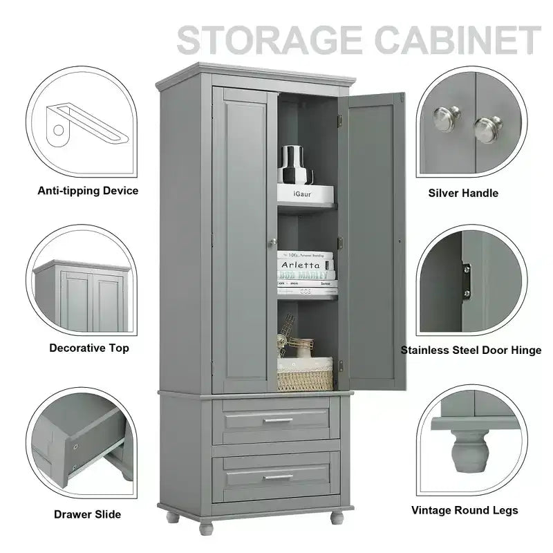 Meuble de Rangement de Salle de Bain Autoportant Moderne en Bois GDFStudio Norton avec Deux Tiroirs, Étagère Réglable et Armoire Fermée