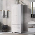 Meuble de Rangement de Salle de Bain Autoportant Moderne en Bois GDFStudio Norton avec Deux Tiroirs, Étagère Réglable et Armoire Fermée