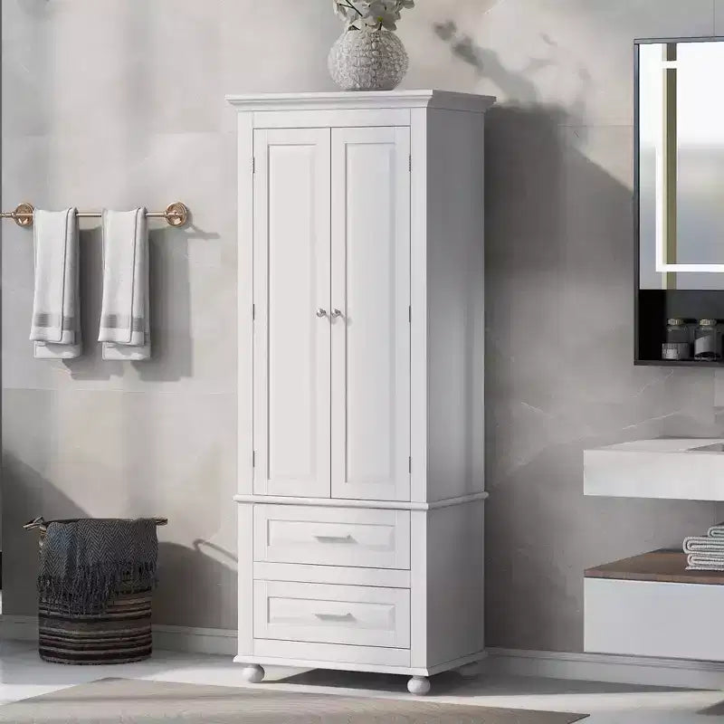 Meuble de Rangement de Salle de Bain Autoportant Moderne en Bois GDFStudio Norton avec Deux Tiroirs, Étagère Réglable et Armoire Fermée