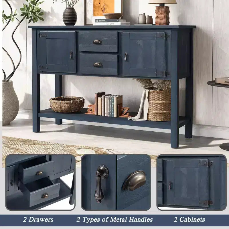TUYOHW 46 Table Console en Bois de Pin avec 2 Armoires et 2 Tiroirs, Buffet Desserte avec Étagère Ouverte, Table d'Entrée Rustique pour Salon, Couloir
