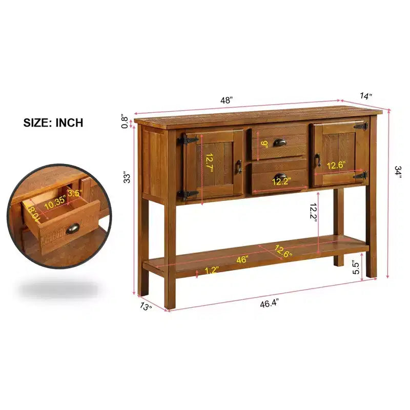 TUYOHW 46 Table Console en Bois de Pin avec 2 Armoires et 2 Tiroirs, Buffet Desserte avec Étagère Ouverte, Table d'Entrée Rustique pour Salon, Couloir