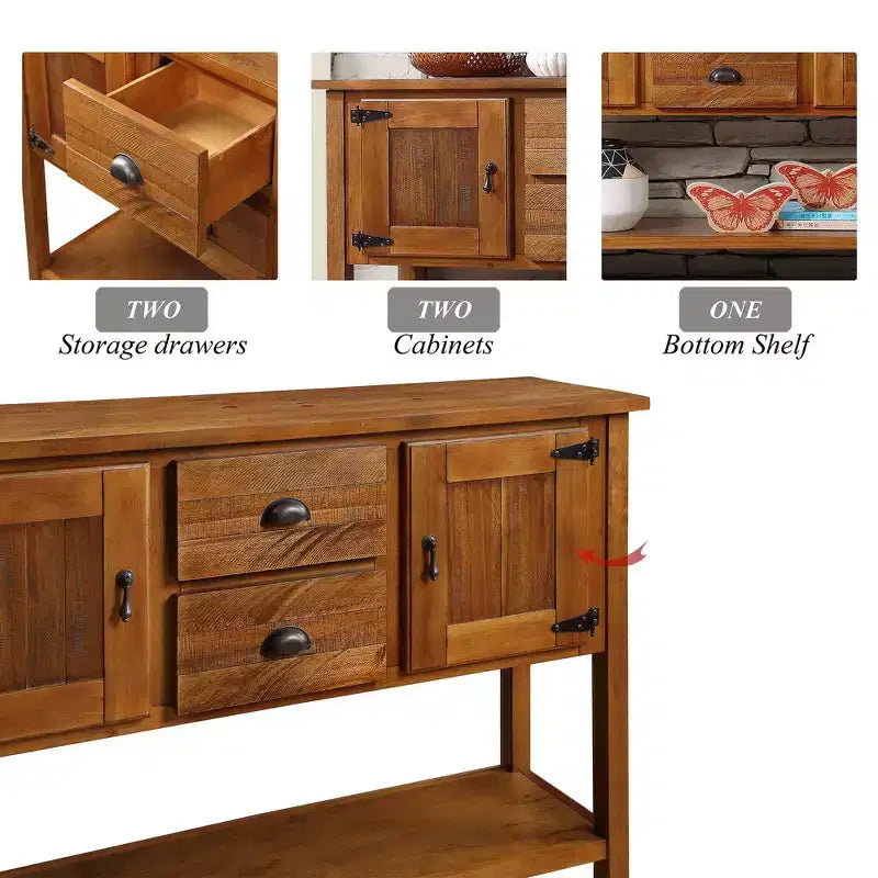 TUYOHW 46 Table Console en Bois de Pin avec 2 Armoires et 2 Tiroirs, Buffet Desserte avec Étagère Ouverte, Table d'Entrée Rustique pour Salon, Couloir