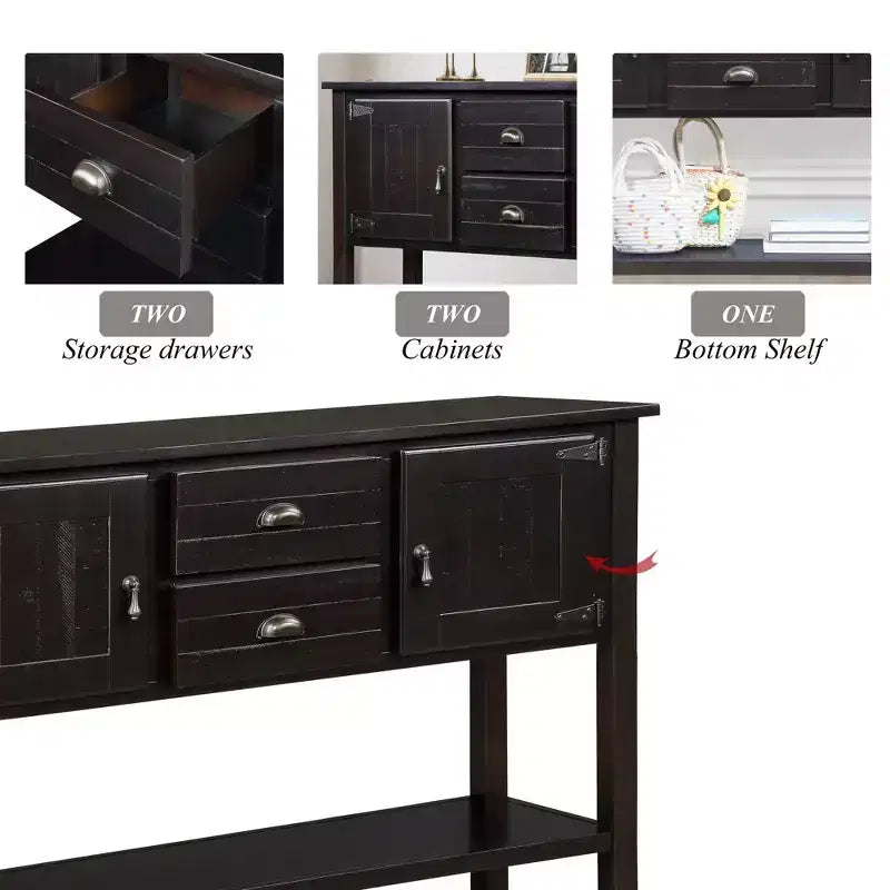 TUYOHW 46 Table Console en Bois de Pin avec 2 Armoires et 2 Tiroirs, Buffet Desserte avec Étagère Ouverte, Table d'Entrée Rustique pour Salon, Couloir
