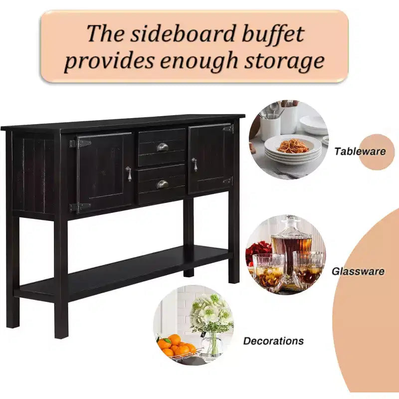 TUYOHW 46 Table Console en Bois de Pin avec 2 Armoires et 2 Tiroirs, Buffet Desserte avec Étagère Ouverte, Table d'Entrée Rustique pour Salon, Couloir