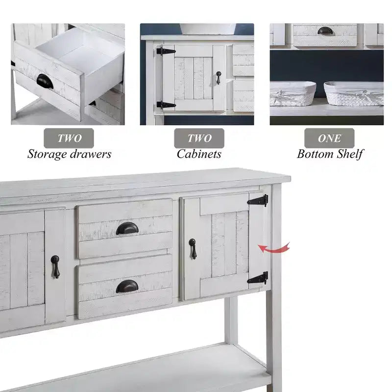 TUYOHW 46 Table Console en Bois de Pin avec 2 Armoires et 2 Tiroirs, Buffet Desserte avec Étagère Ouverte, Table d'Entrée Rustique pour Salon, Couloir