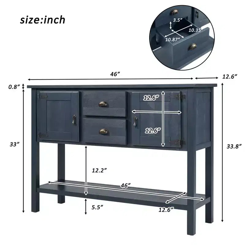 TUYOHW 46 Table Console en Bois de Pin avec 2 Armoires et 2 Tiroirs, Buffet Desserte avec Étagère Ouverte, Table d'Entrée Rustique pour Salon, Couloir