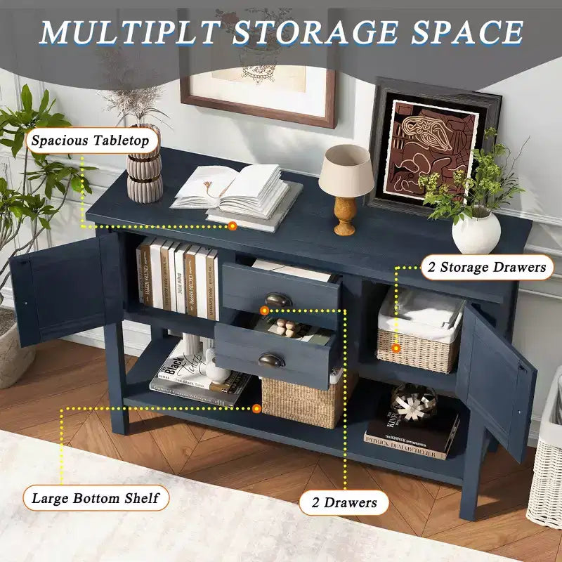 TUYOHW 46 Table Console en Bois de Pin avec 2 Armoires et 2 Tiroirs, Buffet Desserte avec Étagère Ouverte, Table d'Entrée Rustique pour Salon, Couloir