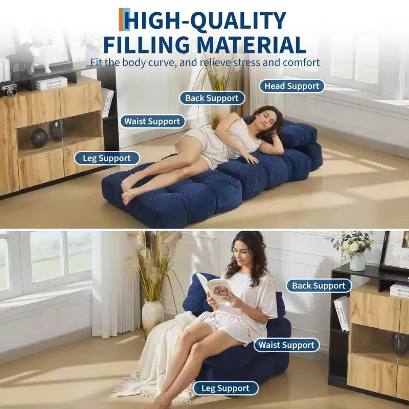 Canapé-lit pliant (lot de 2), fauteuil convertible avec oreiller et support ergonomique, portable et lavable en machine – Idéal pour le salon et la chambre