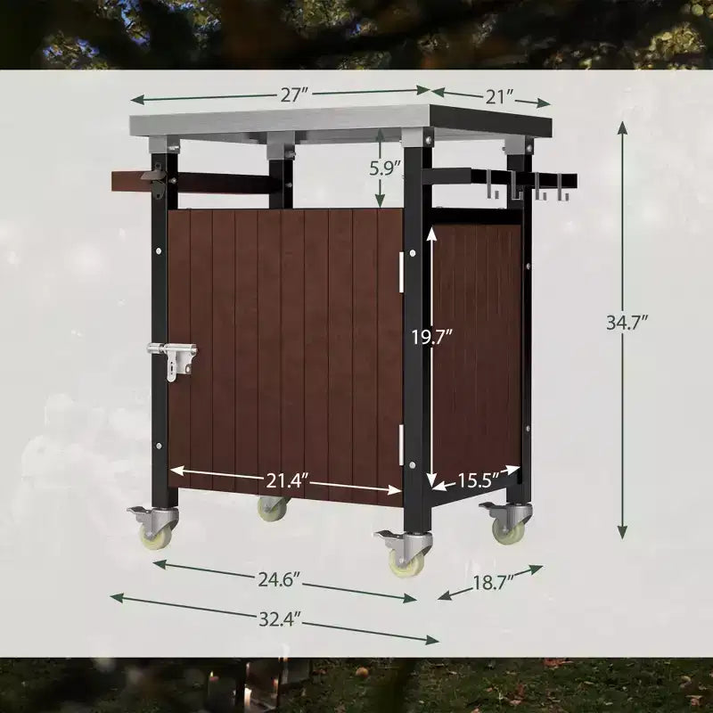 Chariot de barbecue portable JVNOXK de 32 pouces pour extérieur avec crochets et étagère à épices, table de barbecue extérieure étanche, comptoir en acier inoxydable, marron