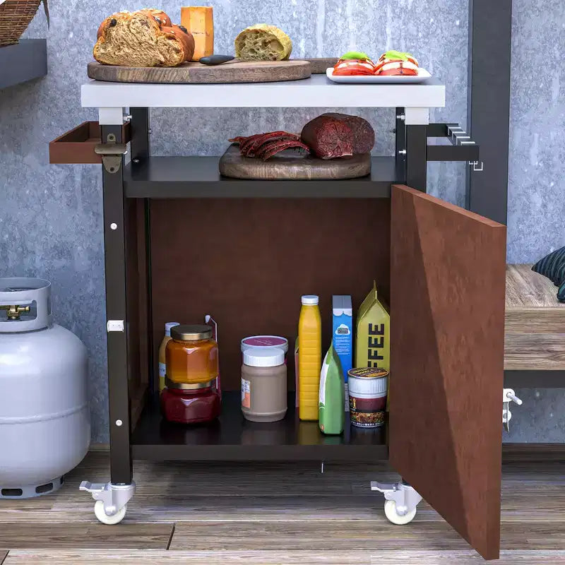 Chariot de barbecue portable JVNOXK de 32 pouces pour extérieur avec crochets et étagère à épices, table de barbecue extérieure étanche, comptoir en acier inoxydable, marron