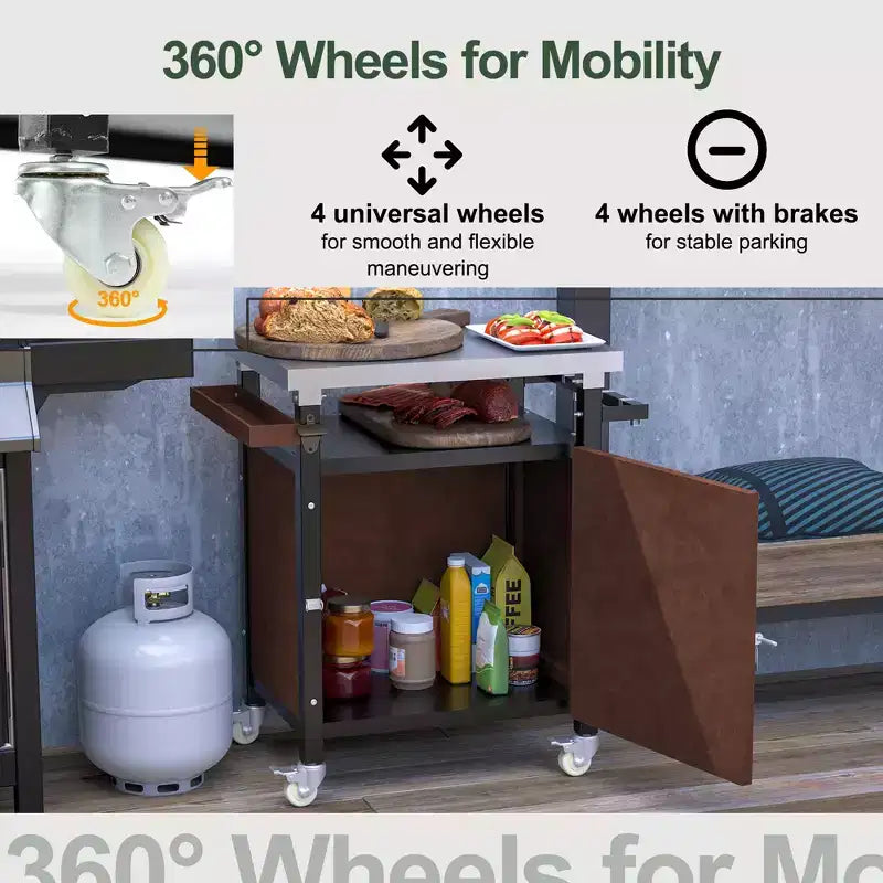 Chariot de barbecue portable JVNOXK de 32 pouces pour extérieur avec crochets et étagère à épices, table de barbecue extérieure étanche, comptoir en acier inoxydable, marron