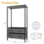 Portant à vêtements de 71H avec 4 tiroirs en tissu, portant à vêtements en fil métallique avec tringle à suspendre et étagères réglables, portant à vêtements autoportant pour chambre à coucher.
