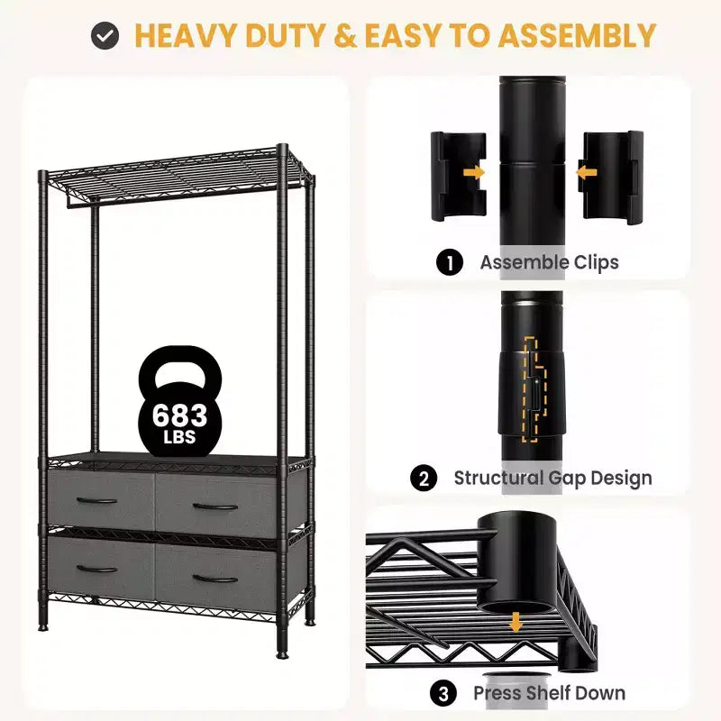 Portant à vêtements de 71H avec 4 tiroirs en tissu, portant à vêtements en fil métallique avec tringle à suspendre et étagères réglables, portant à vêtements autoportant pour chambre à coucher.