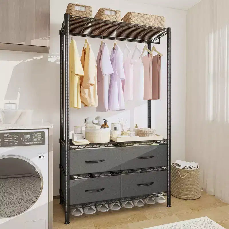 Portant à vêtements de 71H avec 4 tiroirs en tissu, portant à vêtements en fil métallique avec tringle à suspendre et étagères réglables, portant à vêtements autoportant pour chambre à coucher.