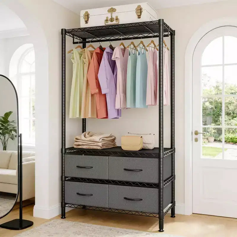Portant à vêtements de 71H avec 4 tiroirs en tissu, portant à vêtements en fil métallique avec tringle à suspendre et étagères réglables, portant à vêtements autoportant pour chambre à coucher.