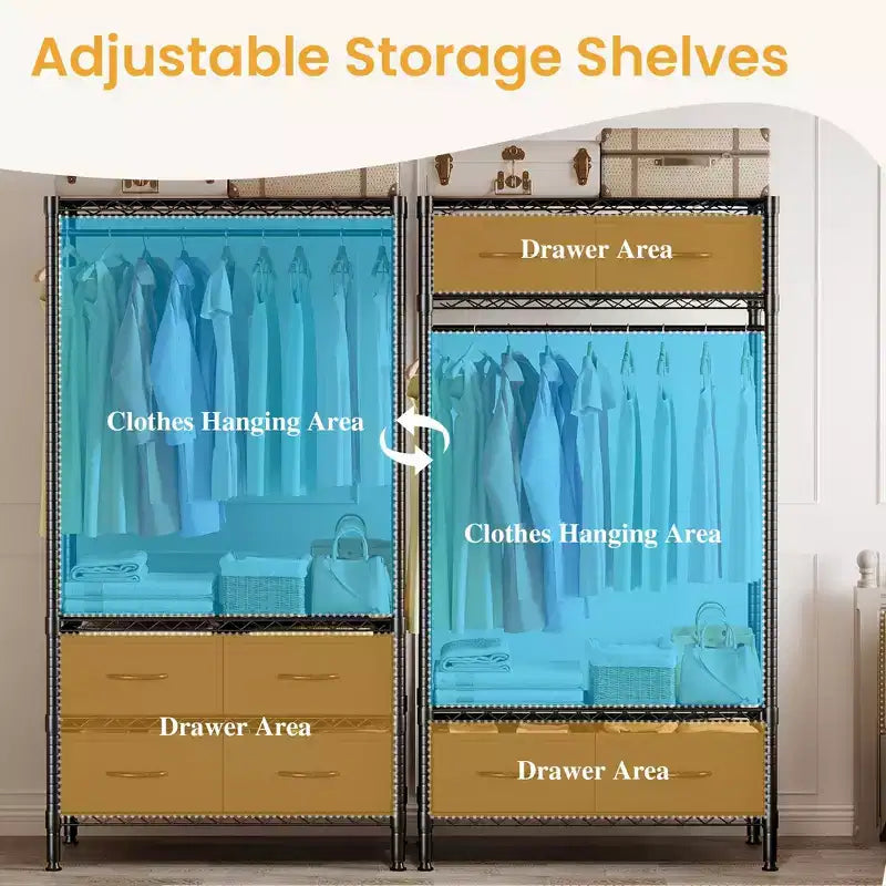 Portant à vêtements de 71H avec 4 tiroirs en tissu, portant à vêtements en fil métallique avec tringle à suspendre et étagères réglables, portant à vêtements autoportant pour chambre à coucher.