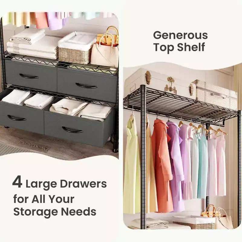 Portant à vêtements de 71H avec 4 tiroirs en tissu, portant à vêtements en fil métallique avec tringle à suspendre et étagères réglables, portant à vêtements autoportant pour chambre à coucher.