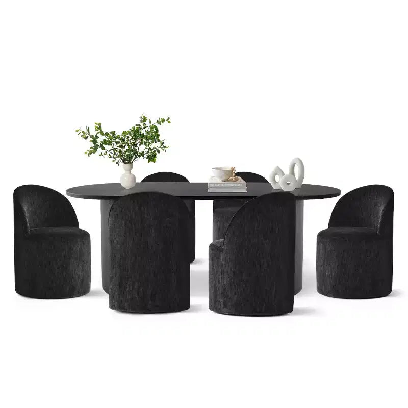 Ensemble de salle à manger 7 pièces pour cuisine, table ovale noire et chaises baquets en chenille, meubles de salle à manger modernes - Panipeachy