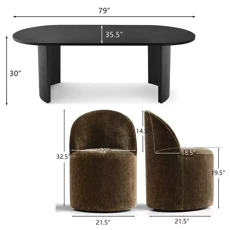 Ensemble de salle à manger 7 pièces pour cuisine, table ovale noire et chaises baquets en chenille, meubles de salle à manger modernes - Panipeachy